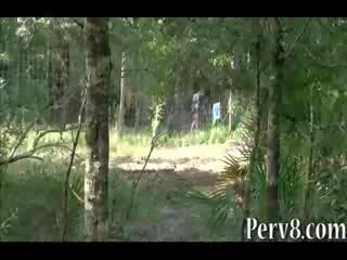 Gun shooting amateur young woman fucked out doors in the woods