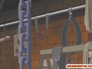 Chained anime brunette gets dildoed pussy and swell sucking stiff putz