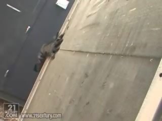 Umazani vega lisica crouches na ji catwoman kostum v na rooftop