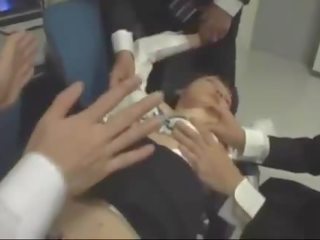 Unconscious kantor daughter fingered mouth fucked by her colleagues on the chair in the kantor