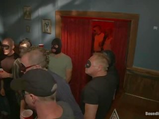 Captured Stud Is being abused In A Bar Full Of hot to trot Masked Men