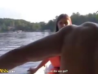 Skinny teenager Gets Nailed In The Boat In A MMF Threesome