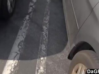 Hairy blonde has good adult video on the road with a stranger