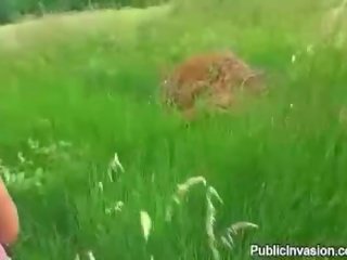Slim blonde chick pussy banged in public