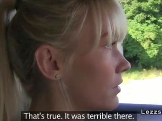 Lesbian girlfriends lick on the backseat