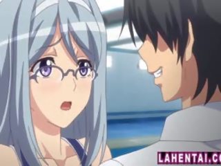 Big titted hentai goddess with kacamata in swimsuit gets fucked