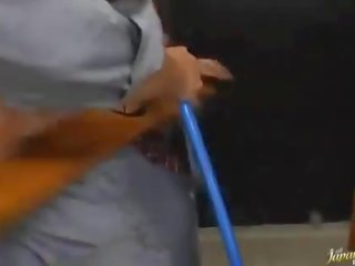 Asian sucking phallus and giving double blowjobs