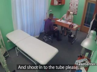 Superior nurse helping dude to cum