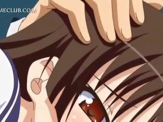 Anime girl in school uniform blowing large peter