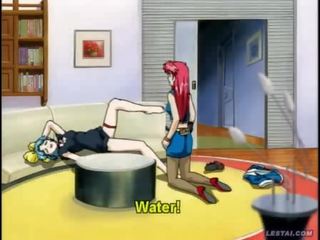 Dva pěkný karikatura lesbičky caressing a dojemný každý další