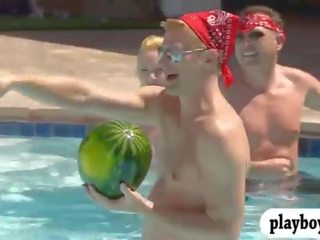 Swingers having fun and oral adult movie in swimming pool