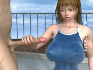 3D cartoon escort take putz at poolside