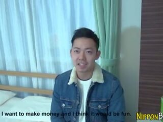 Japanese twink jerks pecker