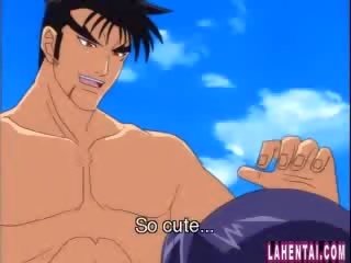 Anime seductress sucks penis on the beach
