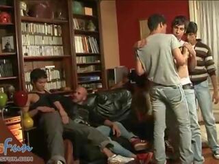 Two oldies invite bitch buddies for a smashing gay orgy