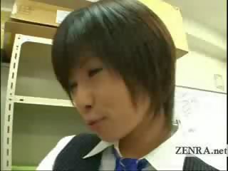Dominant Japanese office sweetheart in femdom CFNM cock play