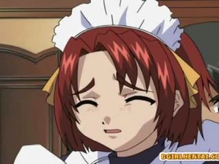 Two hentaý maids dildoed eachothers and extraordinary fucked by her master