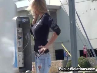 Fat sweetheart Inside Blue Jeans Talking Onto The Street Call