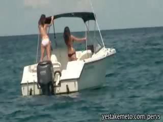 Two naughty amateur girls Horny Threesome on a speed boat
